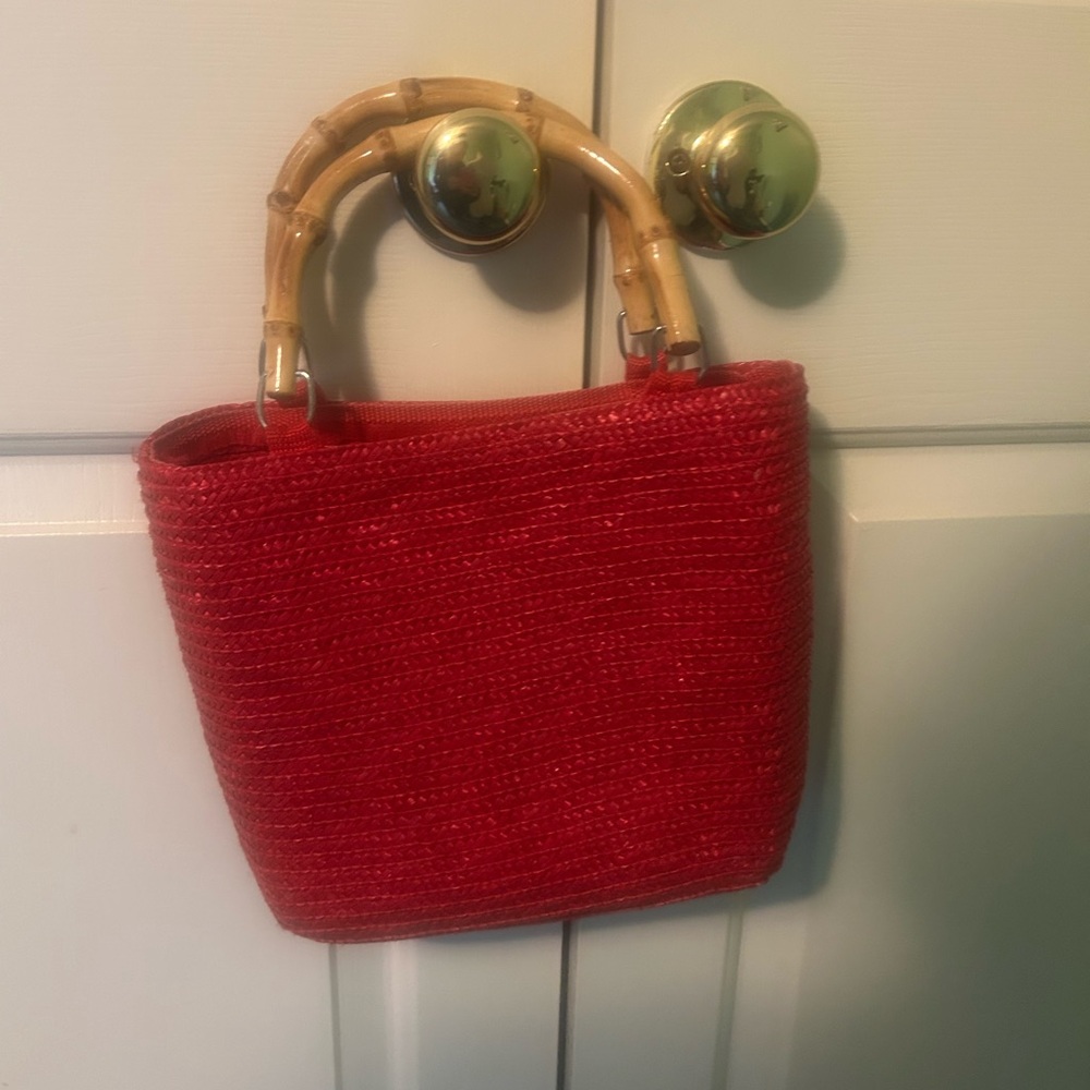 Raspberry Woven Handbag with Bamboo Handles